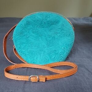 Teal Embossed Round Crossbody Bag